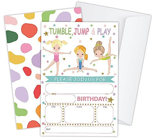 JY587 Einladungskarten für Kindergeburtstag, zum Turnen, zum Springen und Spielen, Geburtstagseinladungen für Jungen, Mädchen, Teenager, 20 Einladungen mit Umschlägen