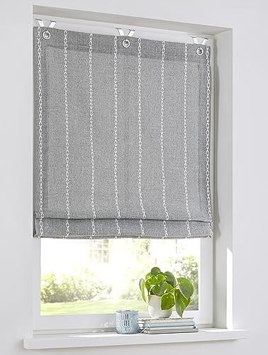 Raya Raffrollo mit Ösen Blickdicht grau, Raffgardine leicht verdunkelnd, gestreift Streifen Offwhite, Polyester pflegeleicht, 45 x 130 cm
