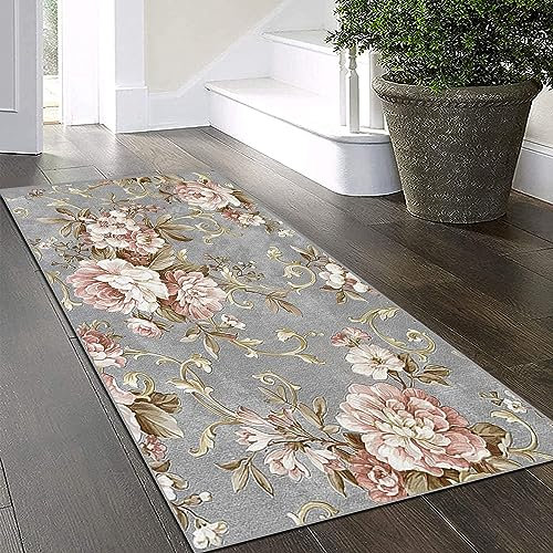 Rosa Blumenmuster Teppich Läufer Flur rutschfest Waschbar 80x360cm Grau Teppich Für Küche Polyester Eingangsteppich Für Küche, Flur, Eingang, Esszimmer, Waschküche, Balkon, Schmutzfangmatte
