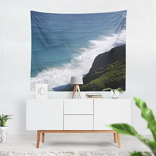 CEVAN Wandteppich Klein Waschbar Wandtuch XXL Wellen Wandteppich Halterung Wanddecke Küche Blau Wanddekoration Bedruckter Stoff 260X240 cm