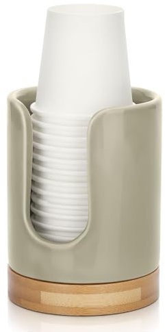 Soleebee Dispenser in ceramica per bicchieri usa e getta, dispenser per bicchieri di carta per acqua e collutorio, supporto in ceramica con base in bambù per bagno, ufficio (beige)