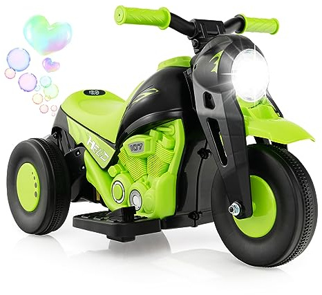 GYMAX Kids Electric Motorbike, 6V Ride on Motorcycle with Bubble Maker, Music, Headlights, Forward & Backward, 3 Wheels Children Motor Bike for 3 Years Old+ Boys Girls (Green)
