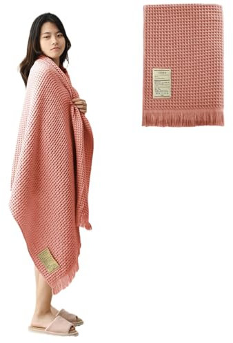 Jamron Coton Pur Gaufré Serviette de Bain Séchage Rapide Douceur 180x90cm Drap de Bain Grande Châle à Pompon SN079108 Rose