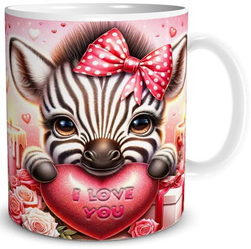 TRIOSK Tasse Valentinstag Zebra mit Herz I Love You Spruch Ich liebe Dich Geschenk Tierliebe für Sie Frauen Freundin Zebraliebhaber, Keramik 300ml