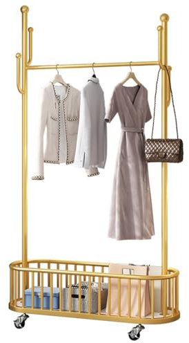 Mgchowue Porte-vêtements En Métal Doré,Portemanteau À Roulettes,Portemanteau À Roulettes Avec Barre de Suspension Et Étagères Inférieures Pour Panier De Rangement