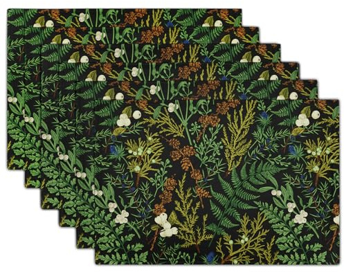 Green Leaves Placemats Set of 6 Botanical Fern Leaf Floral Place Mats Washable Kitchen Dining Spring Summer Black Linen Table Mats Stain Heat-Resistant for Home Party Indoor 12x18 in