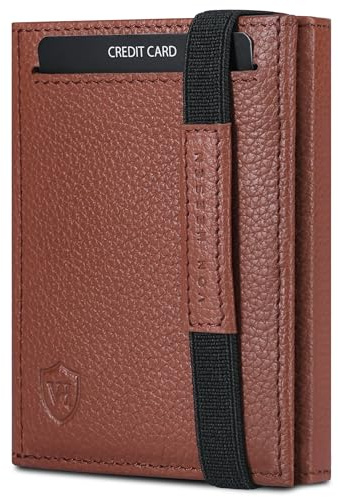VON HEESEN Slim Wallet mit RFID Schutz - Geldbörse Herren klein - Mini Geldbeutel Damen Portmonee - Kartenetui Echtleder Karten Portemonnaie - Leder Kreditkartenetui Cognac-Braun genarbt