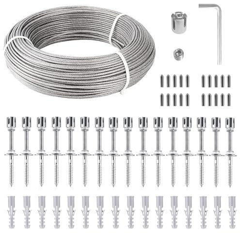 Btstil Rankhilfe aus Edelstahl für Kletterpflanzen, 304 Edelstahl Komplettset Drahtspalier mit Wandhaltern und 3mm Stahlseil für Kletterpflanzen, Garten, Mauer, Zaun (16 Halter, 24m Seil)