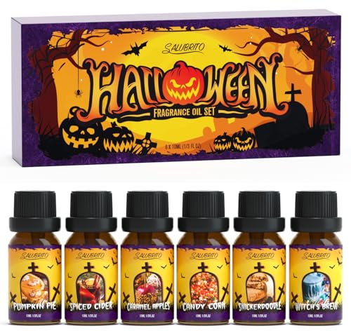 SALUBRITO Halloween Ätherisches Öle Set, Aromatherapie Duftöl für Diffusor, Kürbiskuchen, Gewürz-Apfelwein, Karamellapfel, Zuckermais, Hexengebräu, Gruselig Duftöl GeschenkSet
