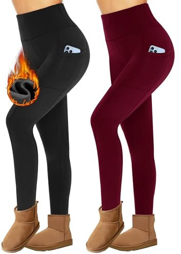 Missluck 2er Pack Thermo Leggings mit Taschen Damen im Winter, High Waist Gefüttert Thermoleggins für Sport(Schwarz/Weinrot,XXL)