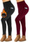 Missluck 2er Pack Thermo Leggings mit Taschen Damen im Winter, High Waist Gefüttert Thermoleggins für Sport（Schwarz/Weinrot,XXL）