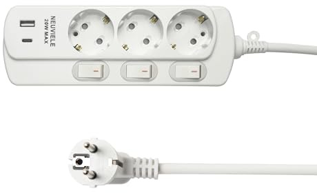 NEUVIELE Weiß Steckdosenleisteit mit USB C, 3-Fach USB c Adapter Mehrfachsteckdose mit Schaltersteuerung Mehrfach Steckdosen