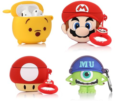 (4 Packung) XMBYGY Hülle für AirPods 2nd/1st Erzeugung Ohrhörer, Silikon Aufladung Fall Schutz Abdeckungen mit Niedlich Cartoon Haut Design für AirPods 1/2, mit Karabiner