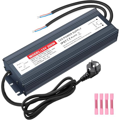 200W LED Trafo 12V 16.6A, Wasserdicht IP67 Trafo 230v auf 12v LED Netzteil mit EU Stecker, Niederspannungs Transformator Netzteil 12V für LED-Streifen im Innen- und Außenbereich