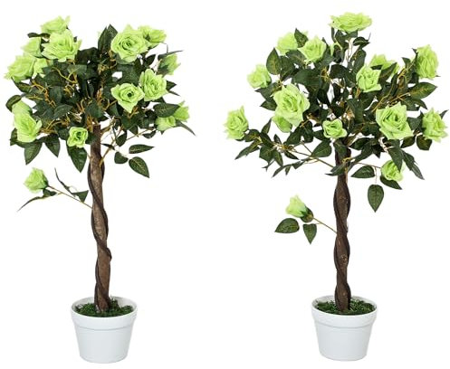 Outsunny Set of 2 90cm/3FT Artificial Rose Tree, Fake Decorative Plant with Pot, Indoor Faux Decoration Home Office Decor, Green