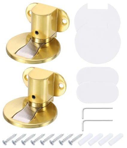 sourcing map 2Pcs Magnetic Door Stopper, Silent Magnetic Floor Door Stop, Adjustable Floor Door Catch with Adhesive Tape and Screws Shock Absorbing for Bedroom Office Bathroom, Gold