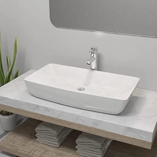 Xichuzi Bad-Waschbecken mit Mischbatterie, Aufsatzwaschbecken, Bathroom Sink, Waschtisch, Ablaufgarnitur, Aufsatzbecken, Keramik Rechteckig Weiß