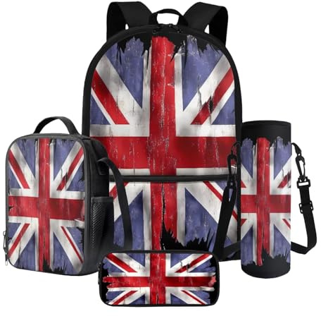 Tevecatos Vintage Union Jack Print 4Pcs School Backpack Set for Boys Girls Teen Shoulder Bag + Lunch Box + Water Bottle Holder Schoolbags Travel Casual Daypack