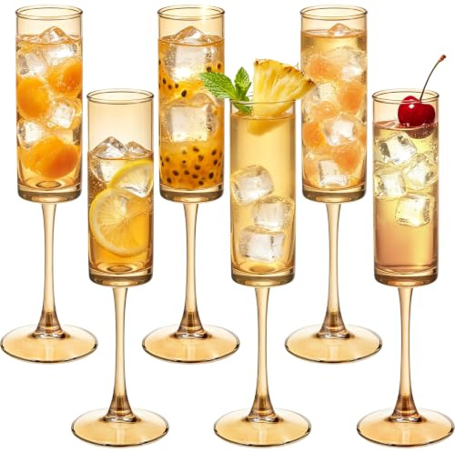 Rkyhwowby Bernstein-Champagnergläser, 170 ml, gerade Seiten, langer Stiel, buntes Trinkglas, Set mit 6 mundgeblasenen Champagnerflöten, Kelchen für Hochzeit, Cocktailbecher, Cava, Prosecco, 6 Stück