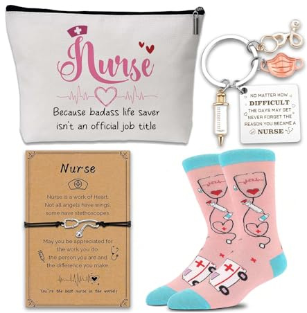 Krankenschwester Geschenk Set – 4-teilig mit Kosmetiktasche, Socken, Schlüsselanhänger & Armband – Nurse Zubehör für Pflegekraft, Krankenschwester, Weihnachten & Dankeschön