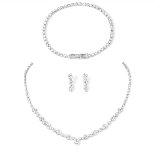 UZYXC Brautschmuck Set Silber 925 mit Strass, 3-teiliges Schmuckset Damen (Halskette, Armband, Ohrstecker), Hochzeitsaccessoire für Brautjungfer, Geschenk zur Silberhochzeit