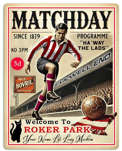 Personalised Sunderland Football Metal Wall Sign, Match Day Programme, Vintage Club Retro Fan Plaque, Kick Off, Man Cave Home Bar Decor Dad Birthday Gift - PCS87