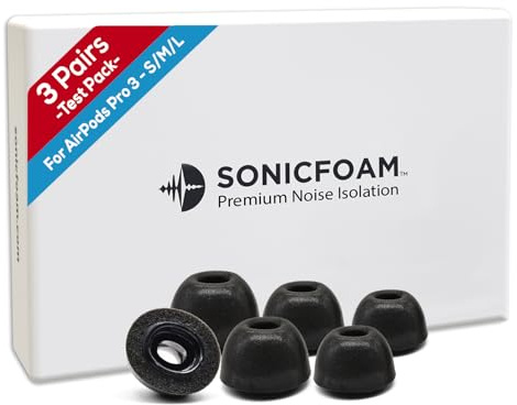 SONICFOAM (SFAir-3-Pro Ohrstöpsel aus Memory-Schaum, kompatibel mit AirPods Pro 3, Größe S/M/L, Schwarz, 6er-Pack/3 Paar)