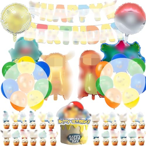 Gelbe Cartoon Anime Geburtstags deko, 48 Stück Partydekorationen für Jungen und Mädchen, Enthält Latexballons, Kuchendekoration, Banner, Aluminiumfolienballons mit Zeichentrickfiguren