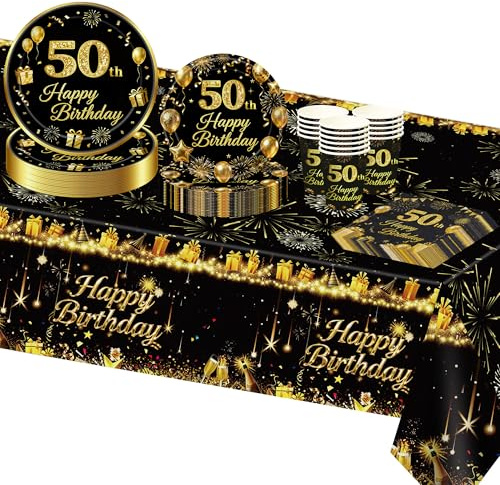 TOPWAYS 50th Birthday Table Decorations Tableware, Black Gold Paper 50th Birthday Plates Cups Napkins Decoration for Women Men 50 Birthdays Party 16 Guests (50thBirthday)