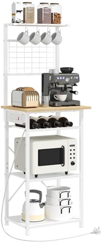 MAHANCRIS Bakers Rack, Microwave Stand with Power Outlet, Coffee Bar Station with Wine Rack and Hooks, Kitchen Storage Shelf, 2 AC Outlets and 1 Power Switch, White ABRBN23KE01