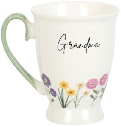 MBS-HUB Wildflower Pedestal Coffee Mug, Reusable New Bone China Cups, Daisy and Violet Design Coffee Mugs for Hot Drinks, Mothers Day Gift for Mum, Grandmother, Birthday, Valentines Day (Grandma)