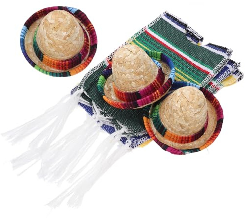 JOINPAYA 6pcs Mexican Style Mini Sombrero Bottle Hats with Yellow Blue Green Striped Bottle Ponchos Decorative Caps for Party and Fiesta