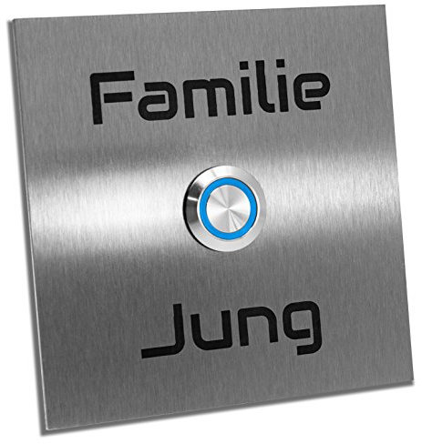 Jung-Edelstahl-Design Türklingel Bochum mit Gravur. Klingelplatte verschiedene Größen. Led Taster (blau). Klingelschild aus V2a Edelstahl.