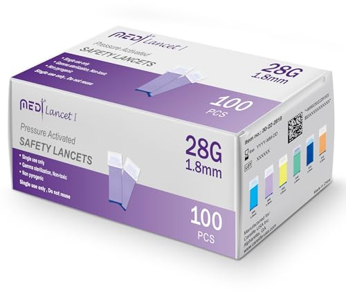 Medt - Pressure Activated Safety Lancets (28G x 1.8mm) - Gamma Ray Sterilized, Ideal for Blood Testing, Single Use and Gentle for Comfortable Testing - Pack of 100