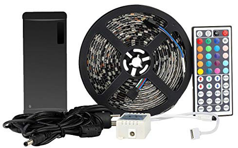 SUPERNIGHT 5050 SMD 5M 16.4ft RGB 300 LED Streifen Kit Strip Licht Lichtband Lichtstreifen Set Wasserdicht IP65 in Schwarz PCB mit 44 Tasten Fernbedienung + EU Plug DC 12V Netzteil