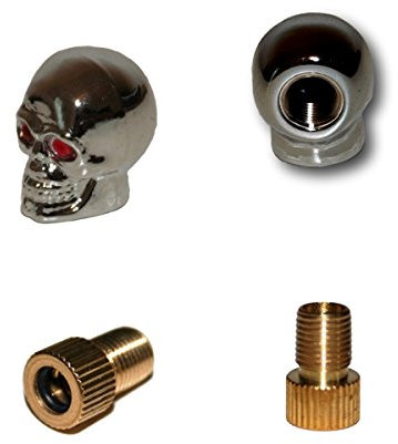 KUSTOM66 2er Set Ventilkappen und 2 Fahrrad Adapter - Totenkopf mit roten Augen - in Silber für jedes Fahrrad geeignet
