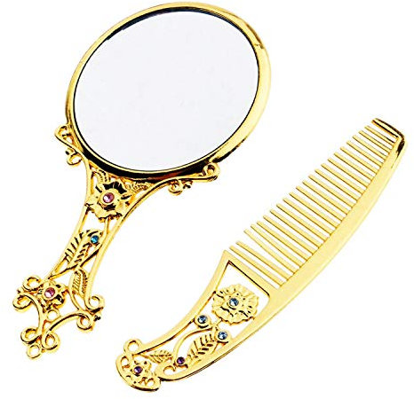 Kilimazart Retro Handspiegel Kosmetikspiegel Kamm Set Hohle Schnitzereien königlich Prinzessin Kosmetikspiegel Kamm Muster zufällig