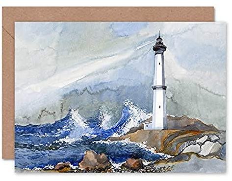 Wee Blue Coo Leuchtturm Sturm Seelandschaft Nautische Aquarellmalerei Geburtstagskarte Grußkarte