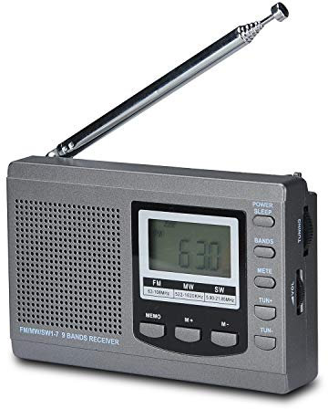 Songway Vollband AM/FM/SW DSP Radio Stereo Lautsprecher LCD Display Wecker Sleep Timer Pocket Radio Digitale Demodulation Bester Empfang mit Teleskopantenne (Grey)