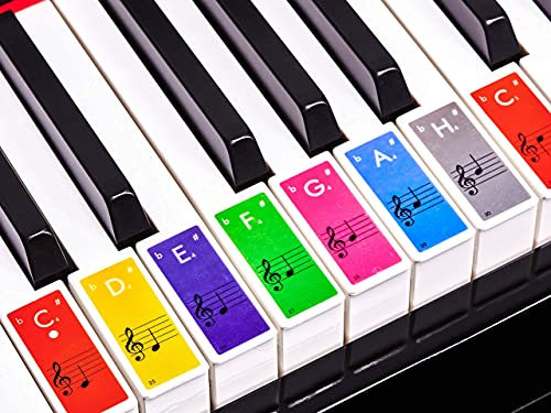 Premium Aufkleber für Klaviertasten | Klavier Aufkleber/Keyboard Aufkleber auf deutsch inkl. Anleitung + E-Book | für 49/61 / 76/88 Tasten | für weiße Tasten | Bunt [JL-B52]