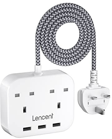LENCENT Mini Extension Lead with 3 USB Port, 2 Way Outlets Power Strip with 3 USB Slots, Multi Plug Power Extension with 1.8M Braided Extension cord for Home Office Travel (13A 3250W)