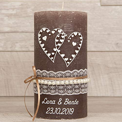meinkerzenshop Hochzeitskerze Rustik BOUVARDIA Traukerze mit Namen und Datum, individuell, persönlich u. handgemacht 17360