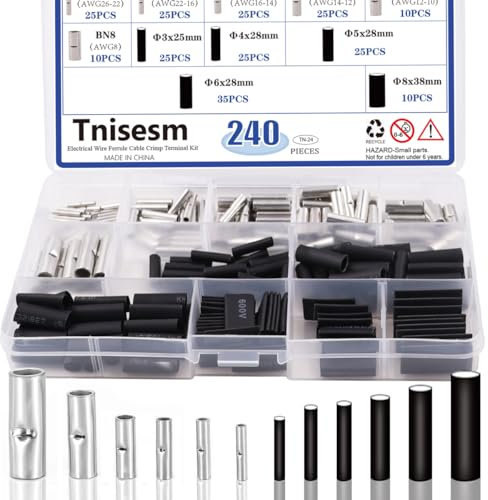 Tnisesm 120 Pcs 6 Size 26-8 AWG Gauge Seamless Uninsulated, Non-Insulated Butt Connectors Assortment Kit, Butt Splice Wire Connectors, Electrical Crimp Terminals Tn-24