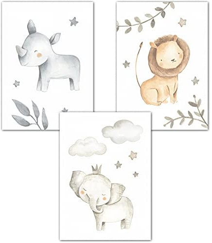 Lemmami Papeterie 3er Set Wandbilder Kinderzimmer Babyzimmer Poster Bilder DIN A4 Mädchen Jungen Deko Dekoration Dschungel Löwe Elefant Nashorn Safari (3er Bilder Set Wasserfarbe, Wanddeko)
