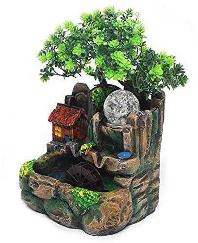 kangten Desktop Decor Wasserbrunnen Steingarten Vernebler Tischbrunnen LED Balkon mit Simulation Harz Steingarten für Büro Schlafzimmer Dekoration