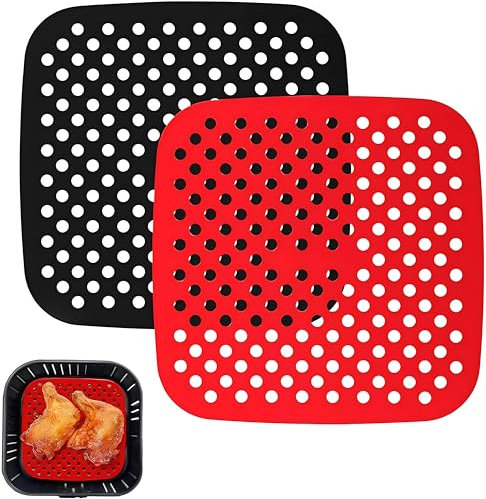 Monsully 2 Pcs Silicone Air Fryer Mat, Square, Black+Red, 8.5 inches, Reusable, Non-Stick, Air Fryer Basket Mat, Air Fryer Liners