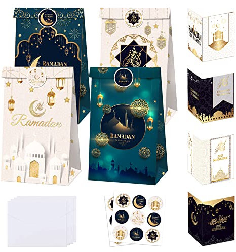 sorkwo 36-teiliges Eid Mubarak Geschenktüten Set Ramadan Mubarak Tüten Eid Mubarak Party Papiertüten Mond Laterne Geschenktüten mit 27 Aufklebern für Ramadan Mubarak Partyzubehör