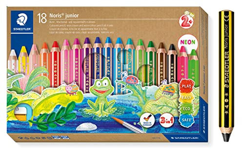 STAEDTLER 3in1 Buntstifte und Kinder Bleistift Noris junior, Bunt-, Wachsmal- und Aquarellstift, sehr dicke Mine, extra bruchsicher, ideal für Kinder, 18 Farben, Spitzer und Bleistift, 140 C18P1X