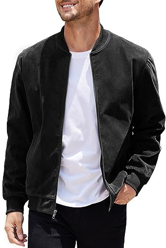 COOFANDY - Bomber da uomo casual Varsity, giacca vintage leggera in pelle scamosciata, nero, Large