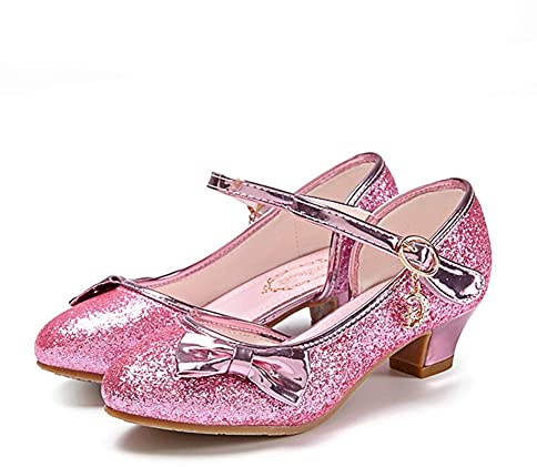 Girl Sandals Glitter Princess Shoes Sequin Party Shoes Bling Bowknot High Heels Wedding Birthday Dress Comfort Bright Diamond Cosplay Dance for Little Girls Christmas Pink
